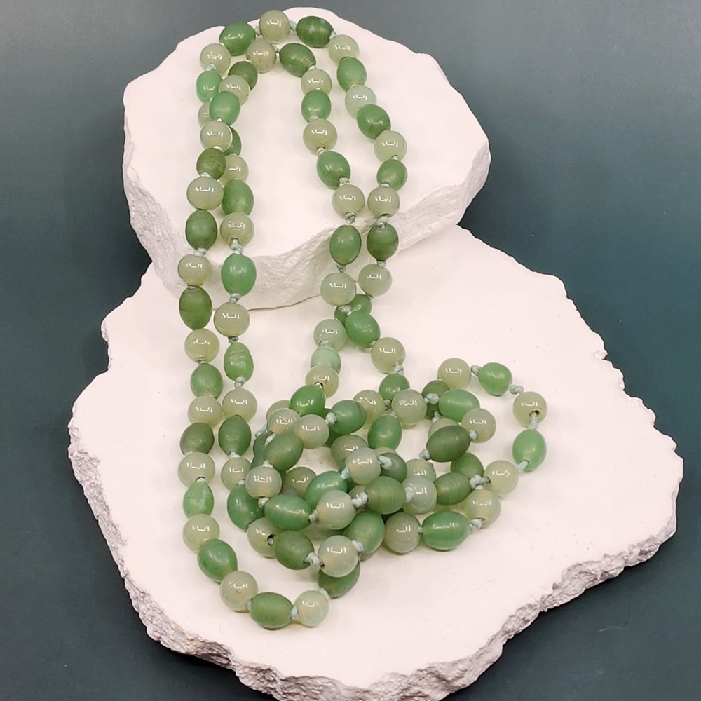Green Jade Beaded Necklace Long Knotted Round Oval Beads Boho Layering Statement